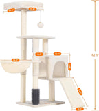 Heybly Cat Tree with Cat Self Groomer Brush, 42.5 inch HCT005SM | Cat Tower Condo for Indoor Cats with Padded Plush Perch, Cat House with Basket Scratching Board Post, Beige