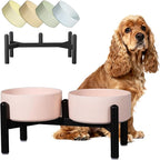 Ceramic Elevated Dog Bowl Set - Dog Feeder Station with Cute-Style Double Bowls for Small and Medium Size Breed - Non-Slip Raised Dish for Food and Water Feeding- 6 Inch - 3.5 Cups / 20 fl oz - Pink