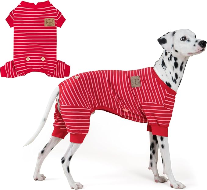 KYEESE Dog Pajamas, Striped Clothes Pet PJS, Velvet Fleece Doggie Jammies, Soft 4 Legs Outfit Dog Pajamas, Cozy Pet Clothes Onesie, Comfortable PJS for Medium Dogs,Red Striped, XX-Large