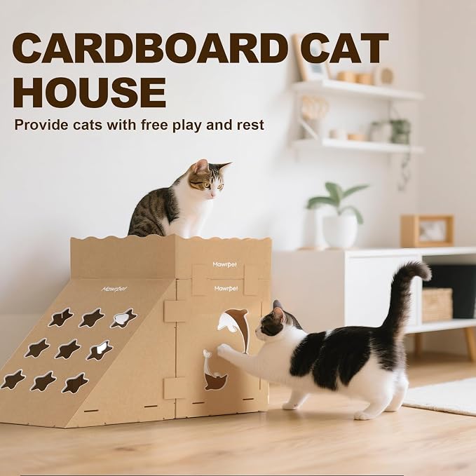 DIY Cardboard Cat House with Scratching Pad, Cat Tower Indoor Play House, Versatile Cardboard Cat Tunnel Box for One or More Pets, Indoor Use Rabbit Hideout Cave Castle Brown, 6 Parts