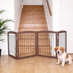 ZJSF Freestanding Foldable Dog Gate for House Extra Wide Wooden Brown Puppy Gate Stairs Dog Gates Doorways Tall Pet Gate 24 "Height 4 Panels Pet Fence