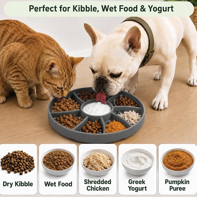 Slow Feeder Dog Bowl Silicone Suction Cup Anti Spill Dogs Cats Grey | strong suction base prevents sliding, extends mealtime, reduces anxiety, textured surface, dishwasher safe