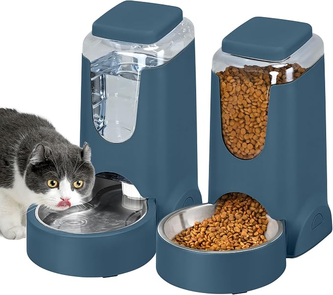2 Pack Automatic Cat Feeder and Dog Food Feeder, Gravity Stainless Steel Water Dispenser and Waterer Set for Small Medium Puppy Kitten Pets (1 Gallon x 2, Navy Blue)