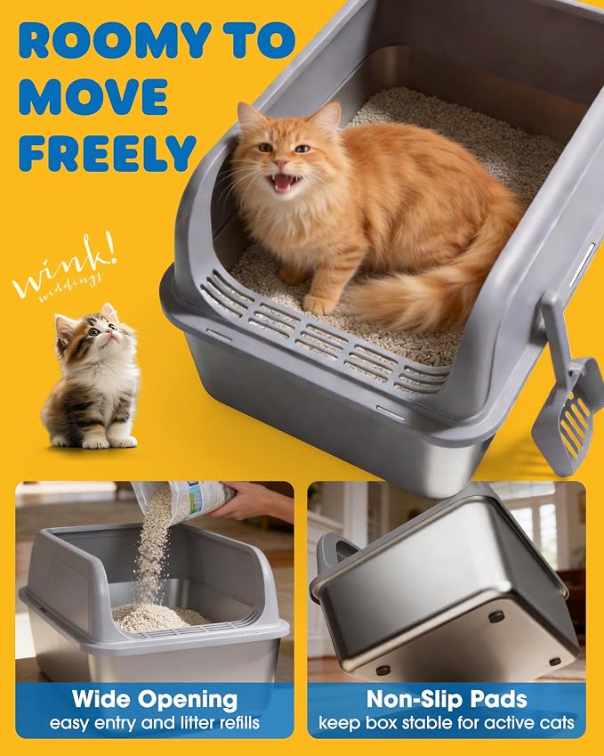 Powools Stainless Steel Cat Litter Box, High-Sided, Grey, M (2 Pack) | Metal Litter Box with Scoop, Anti-Leakage Top Entry, Non-Sticky, Easy to Clean, 6-Inch Splash-Proof Deep Pan