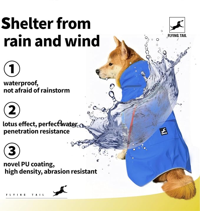 Easy Sporting Dog Raincoat with Soft Non-Stiff Fabric, Waterproof & Reflective Dog rain Jacket for High-Energy Dogs, Dog Poncho with Hood, Adjustable Neck, Belly Strap (Blue, X-Large)