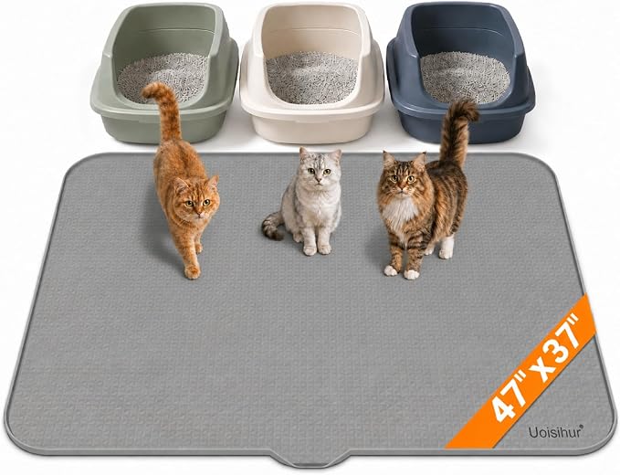 Cat Litter Mat, Extra Large Silicone Litter Box Mat, 47 x 37 inch | Gray, Silicone rubber, Water-resistant, Easy pour-out front notch, Raised lip, Grippy backing, Rinses clean