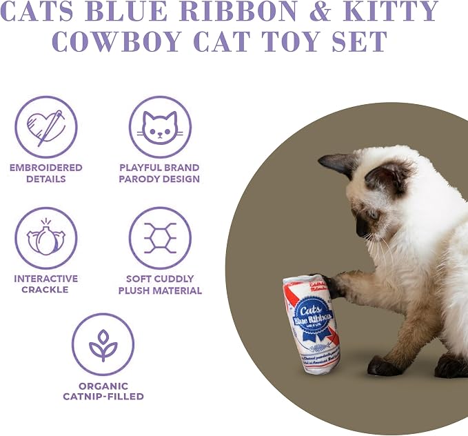 Haute Diggity Kitty Cats Blue Ribbon + Kitty Cowboy Set Soft Plush Cat Toys | 4 Pack Catnip Toys with Interactive Crackle & Feathers, Safe & Durable Cat Nip Kicker Toy for Outdoor & Indoor Cats & Kitten