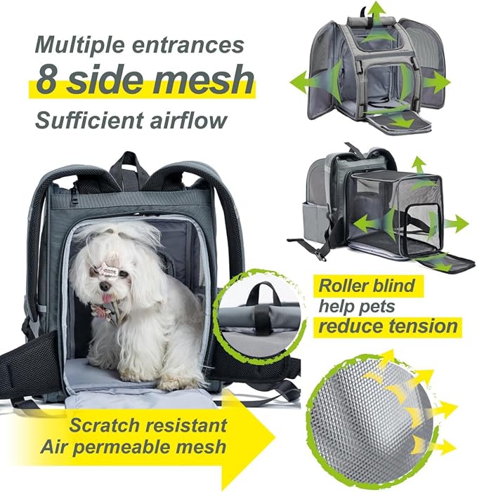 Expandable Pet Carrier, Airline-Approved Foldable and Detachable Backpack, Fits 13lbs Cat&11lbs Small Puppy Dog, for Car Travel,Camping and Emergency Transportation and Shelter (Grey)
