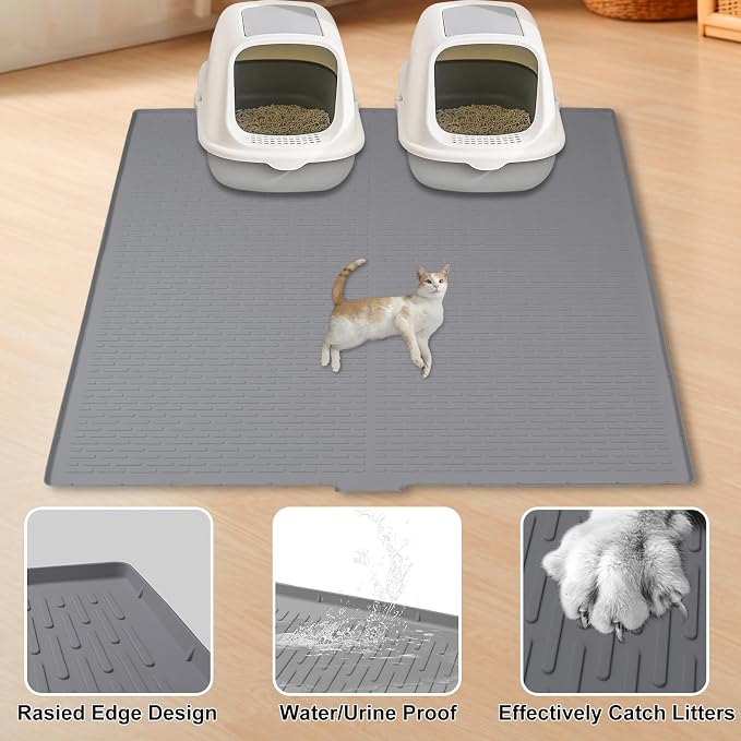 Cat Litter Box Mat, 47" x 35" Extra Large Silicone Cat Litter Mat | Waterproof & Washable Kitty Litter Catcher Matt, Soft on Paws Non-Slip Easy to Clean Reduces Litter Tracking for Indoor Cats