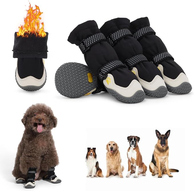 Dog Shoes for Medium Large Dogs Winter Dog Snow Boots Anti-Slip Dog Boots & Paw Protectors Warm Wool Snow Booties with Reflective for Hiking 4Pcs,Size 7