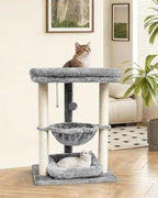 SYANDLVY Small Cat Tree for Indoor Cats with Top Perch Hammock & Bottom Bed | Natural Sisal Scratching Post Tower with Hanging Bell Ball & Anti-Tip Strap, Stable Indoor Cat Furniture, Grey