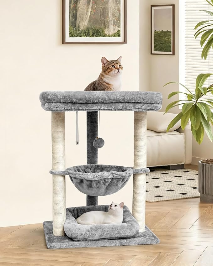 SYANDLVY Small Cat Tree for Indoor Cats with Top Perch Hammock & Bottom Bed | Natural Sisal Scratching Post Tower with Hanging Bell Ball & Anti-Tip Strap, Stable Indoor Cat Furniture, Grey
