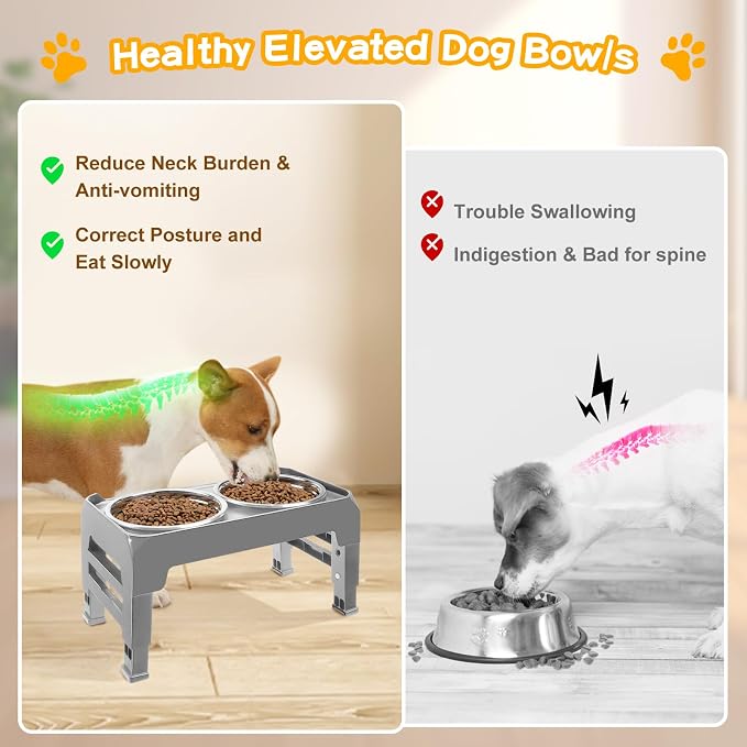 COMESOON Elevated Dog Bowls for Small Medium Dogs, 3 Height Adjustable Raised Stand with 2 Thick 6" Stainless Steel Food Bowls, Non-Slip Feeder Adjusts to 2.75", 6", 7.5", Grey
