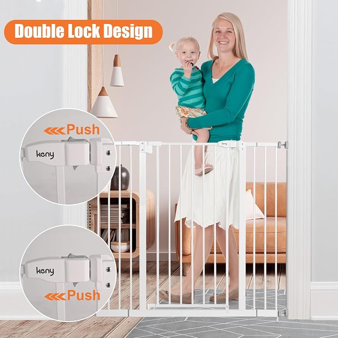 keny 36" Extra Tall Baby Gate for Stairs, 29-42.5" Wide Auto Close Dog Gate | Pressure Mounted Easy Walk Through Pet Gate for Doorways, Durable Safety Stair Gate, White