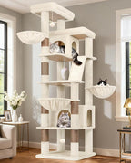 Globlazer Extra Large Cat Tree Tower 80in XXL Tall Cat Tree for Multiple Indoor Cats Large Adult Kittens with Scratching Posts, 2 Widened Perches, Adjustable Baskets, 2 Cozy Cat Condos, S80G, Beige