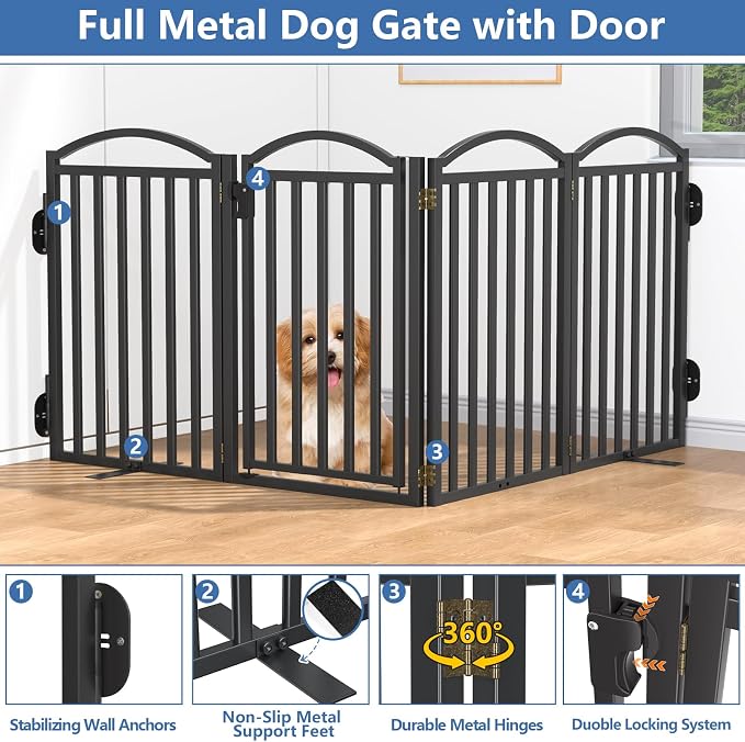 Malier Metal Freestanding Dog Gates with Door, Outdoor Indoor Dog Fences, Extra Wide Foldable Puppy Gate for Stairs, Hallways, Yard (Black, 80''W × 32''H【4 Panels】)