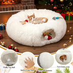 Thyle Christmas Cat Tunnel Bed Under Christmas Tree for Indoor Cats Xmas Pet Donut Tunnel with Cushion Foldable Round Pet Toy for Small Animals Kitten(3ft X 3ft X 9.8in,White,Plush)