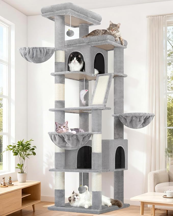 Globlazer Extra Large Cat Tree Tower 80in XXL Tall Cat Tree for Multiple Indoor Cats Large Adult Kittens with Scratching Posts, 2 Widened Perches, Adjustable Baskets, 2 Cozy Condos, S80G, Light Grey