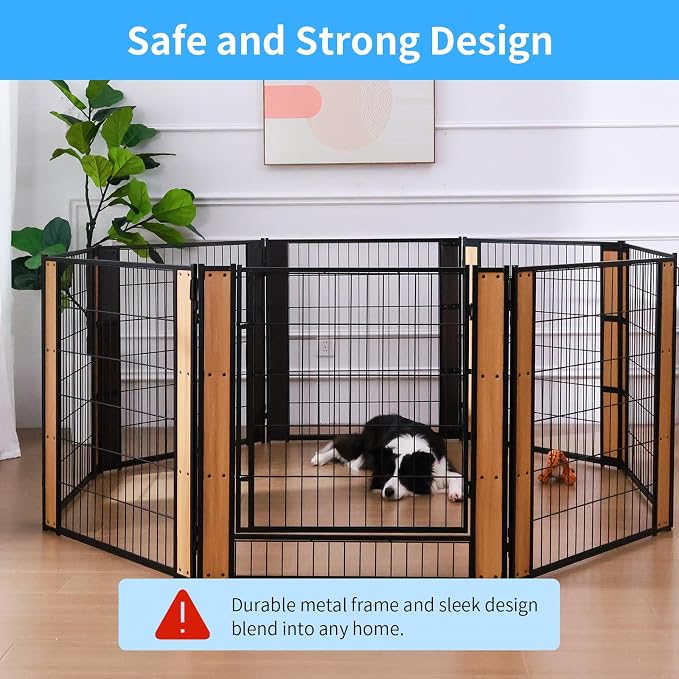 Furniture Style Dog Playpen 32" H, Door Panel, Oak | Indoor/Outdoor Use, Heavy-duty Metal, DIY Layouts, Easy Access, For Small & Medium Dogs, Easy setup
