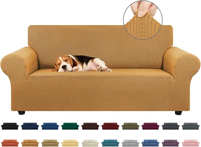 Stretch Loveseat Couch Cover, 2 Cushion Couch Slipcover,Golden | 1-Piece Washable Sofa Cover Pet Friendly (55"-78") Furniture Protector Soft Jacquard, Elastic Bottom for Dogs & Kids
