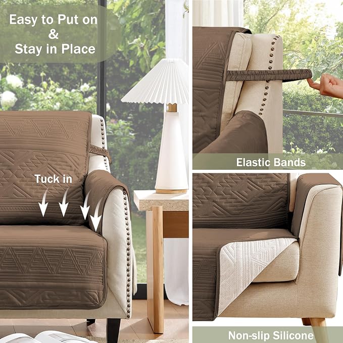 Boho Quilted Sofa Slipcovers with Pockets, Anti-Slip Aztec Couch Covers for 3 Cushion Sofa, Couch Cover for Dogs Cats Water-Repellent Machine Washable (Large Sofa 68", Raw Umber)