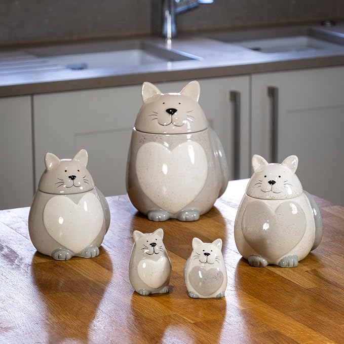 SPOTTED DOG GIFT COMPANY Ceramic Cookie Jar with Lid, Large Cat Treat Container for Cookies & Biscuits, Cute Novelty Kitchen Storage for Countertop, Gifts for Cat Lovers - 43oz Gray