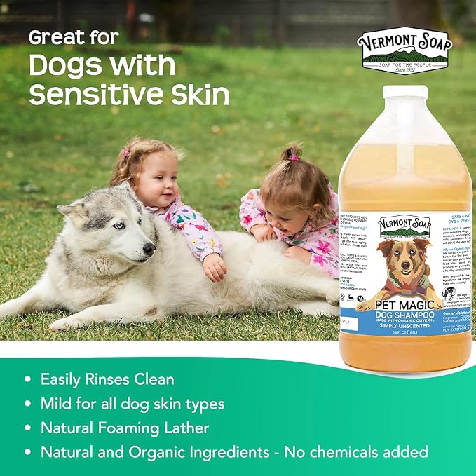 VERMONT SOAP Organic Pet Shampoo, Unscented Natural Dog Shampoo, 64 oz | Unscented organic olive oil, coconut & aloe vera, sensitive skin care, USDA Certified grooming, fragrance free, dog shampoo