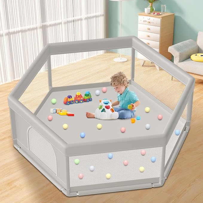 Hiaksedt Large Baby Playpen 65x65 Inch, PlayPen for Babies and Toddlers | Hexagonal Type Baby Play Yards for Indoor & Outdoor with Breathable Mesh Anti-Fall