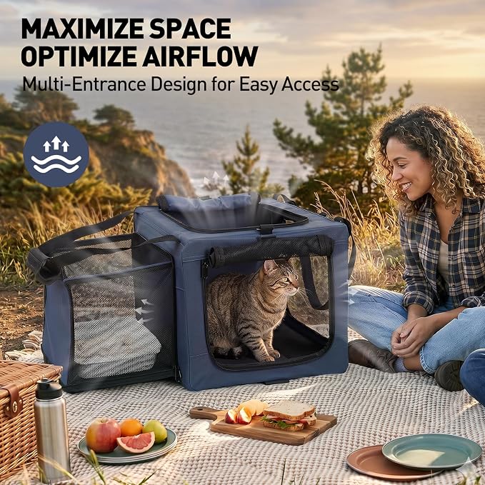 17in Wheeled Expandable Cat Carrier for Cats Small Dogs,Blue | elescopic rod, expandable side room, foldable breathable mesh, portable carrier for indoor & outdoor pet travel