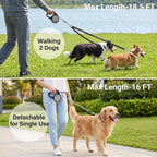Dual Retractable Dog Leash for Walking 2 Small Dogs(Up to 44 Lbs Each) - Double Headed 18.5ft Extendable Pet Leash with Poop Bags, Non Slip Grip, One Button Control, 360 Tangle-Free (Gray, Medium)