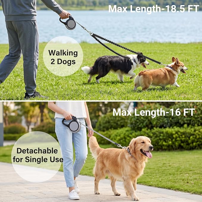Dual Retractable Dog Leash for Walking 2 Small Dogs(Up to 44 Lbs Each) - Double Headed 18.5ft Extendable Pet Leash with Poop Bags, Non Slip Grip, One Button Control, 360 Tangle-Free (Gray, Medium)