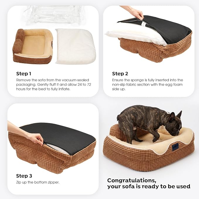 Veehoo Square Small Dog Bed, Orthopedic Dog Bed Washable Couch Sofa, 24" | Washable Dog Bed for Indoor, Egg-Crate Memory Foam Dog Bed with Sides, Removable Cover, High Back Non-Slip Bottom