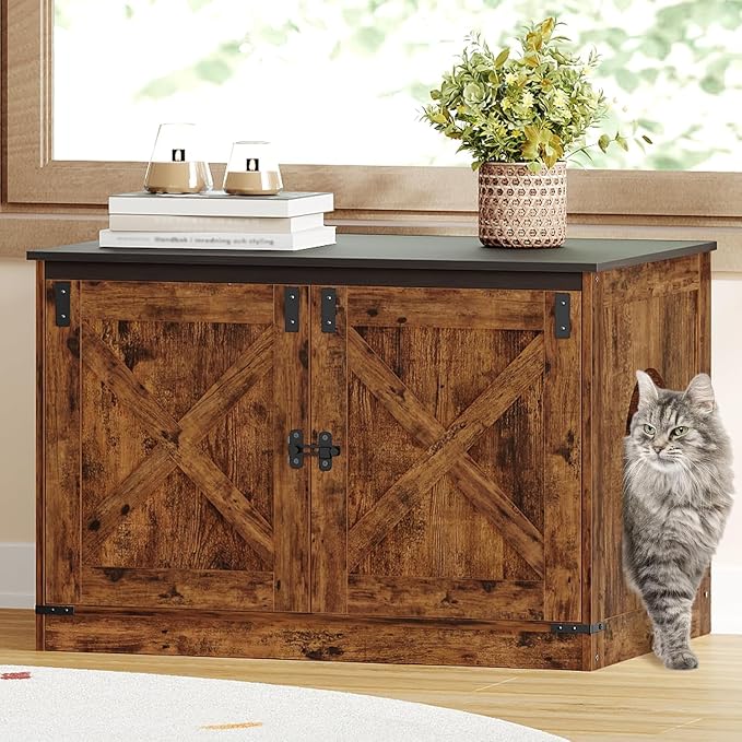 Hzuaneri Cat Litter Box Enclosure, Hidden Litter Box Furniture with Divider | Wooden Cat Cabinet with Removable Dividers, Reversible Entrance Left or Right Side, Cat Washroom, Rustic Brown Black CB84601X