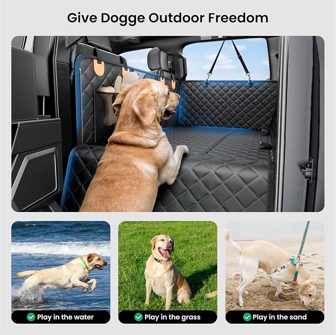 REEVAA Dog Truck Seat Cover for Back Seat, Hard Bottom, XL, Black+Orange | 450 lbs Extender, 45% More Space for 2-4 Large Dogs, Waterproof, Zippered Mesh Window, Fits Crew Cab Trucks & Large SUVs