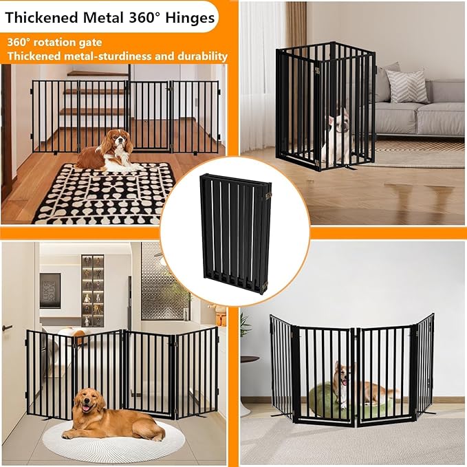 Dog Gate Free Standing with Door for Stairs, 36" Tall Dog Fence Freestanding Indoor Outdoor Use for Doorways, Metal Black 4 Panels, 36 inches High, 20 * 4 Inches w Wide