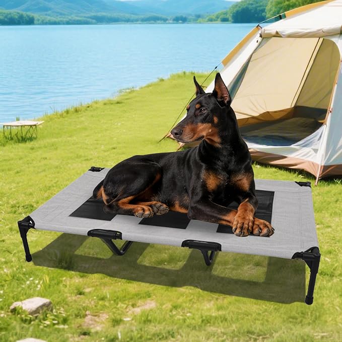 Elevated Dog Bed with Heavy-Duty Steel Frame, Breathable Mesh Cooling Surface, Easy to Clean, Portable Raised Dog Cot for Indoor & Outdoor Use,49x32x8 InchesGrey Dog Bed,Size L.