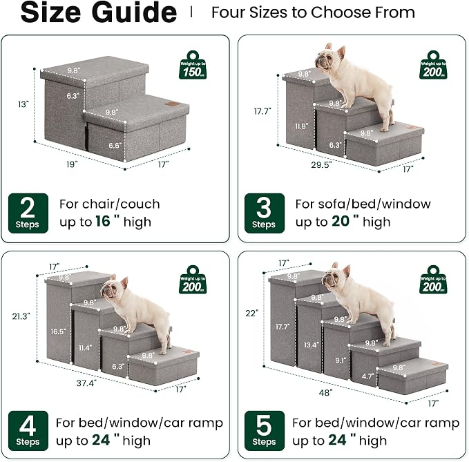 Love's cabin Dog Stairs for High Bed, Foldable Pet Stairs for Small Medium or Large Dogs Puppy with Storage for Bed or Couch, Cat Dog Steps Ramp with Zip up to 200 lbs, Solid Grey, 5 Steps