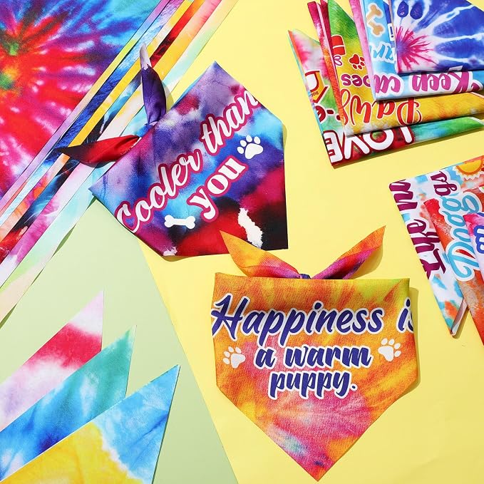Sweetude 100 Pcs Tie Dye Dog Bandanas Bulk with Sayings Pet Triangle Scarf Bibs Washable Puppy Kerchief Adjustable Grooming Supplies for Small Medium Large Dog Cat Costume Accessories