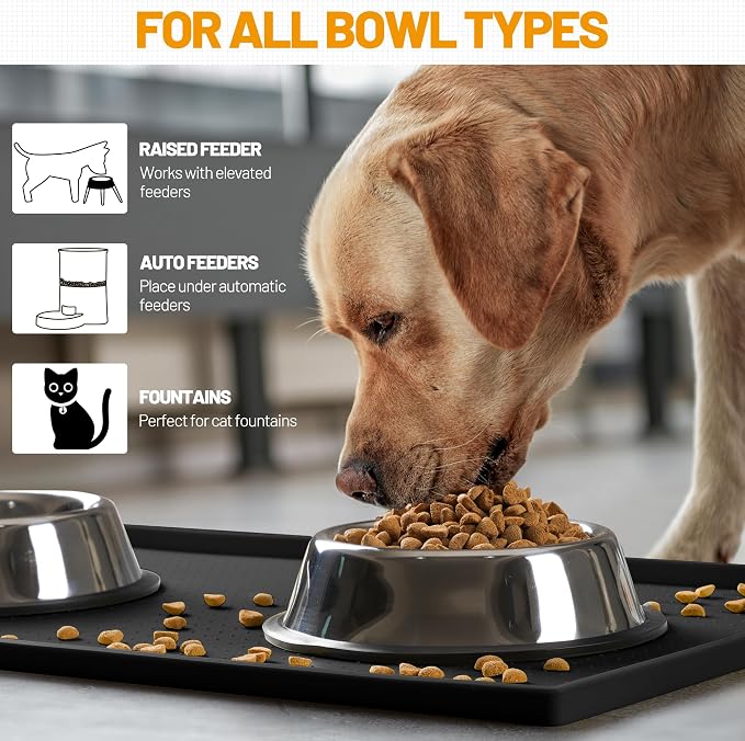 Hubulk Dog Feeding Mat,100% Waterproof Food Grade Silicone Pet Food and Water Bowl Placemat,Dishwasher, High Raised Edge to Prevent Spills,Nonslip Tray to Stop Messes on Floor (19"x12"x0.5", Black)