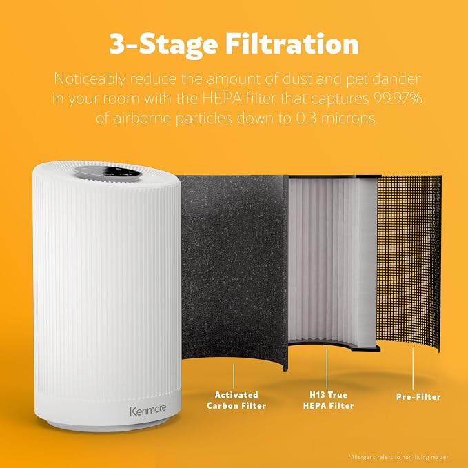 Kenmore Air Purifier with H13 True HEPA Filter, Covers Up to 850 Sq.Foot | 25db SilentClean 3-Stage HEPA Filtration System for Office & Bedroom