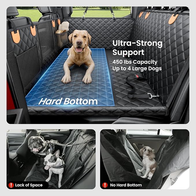 REEVAA Dog Truck Seat Cover for Back Seat, Hard Bottom, XL, Black+Orange | 450 lbs Extender, 45% More Space for 2-4 Large Dogs, Waterproof, Zippered Mesh Window, Fits Crew Cab Trucks & Large SUVs