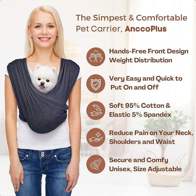 AnccoPlus Dog Carriers for Small Dogs, Front Facing Cat Carrier, Hands Free Dog Carrier, Size Adjustable Pet Carrier, Reducing Back Pain, Soft Cotton, Safe Small Dog Carrier (Plus, Charcoal Black) | Patented Front Carrier Reduces Back and Neck Strain; ...