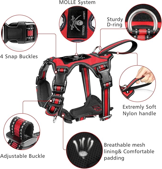 WINSEE Pet Harness Collar and Leash Set, All-in-one Reflective Dog Harness No Pull with Adjustable Buckles for Puppies, Small, Medium, Large, and Extra-Large Dogs (X-Large, Red)