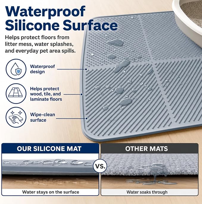 Silicone Cat Litter Mat, 30'' × 23'' Large Waterproof Cat Pad for Litter Box, Easy-Clean Trapping Surface with Raised Edge, Gentle on Paws, Gray