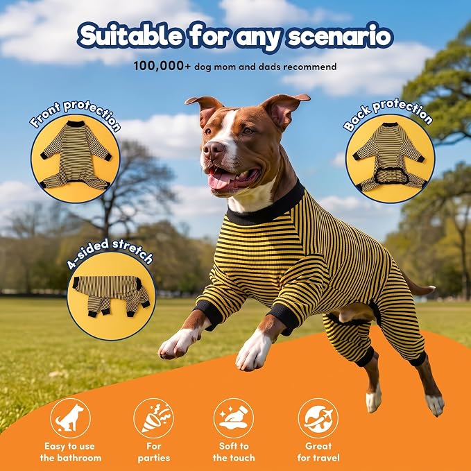 LovinPet Dog PJS Clothes for Giant Dogs, Pitbull Pure Cotton Yellow and Black Stripe Dog Shirt, 4-Legged Design, Full Body Coverage, Pajamas for Pitbulls, Onesies for Dogs, Large
