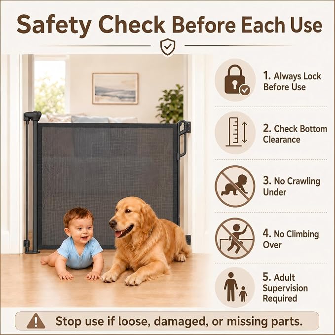 SPACEANY Retractable Safety Baby Gate or Mesh Dog Gate,Durable Portable Mesh Retractable Gate,Easy to Use for Stairs, Doorways, Hallways, Indoor, Outdoor, 33.5" Tall, Up to 45" Wide, Black