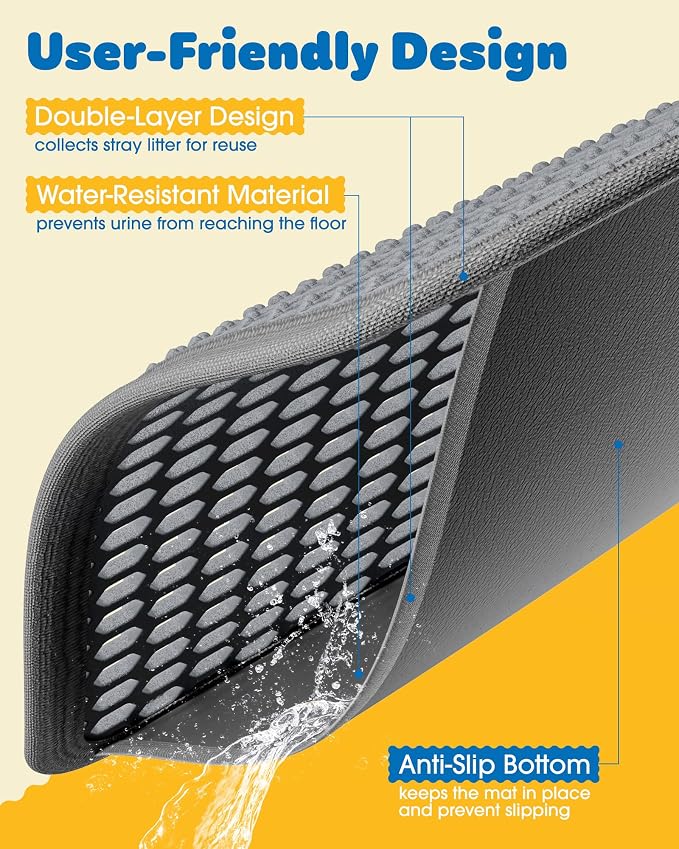 Powools Ultra-Large Cat Litter Mat, 27'' x 19", Double-Layer, Grey | Urine-Proof, Non-Slip Litter Trapping Mat, Easy to Clean, Kitty Litter Mats for Floor, Scatter Control
