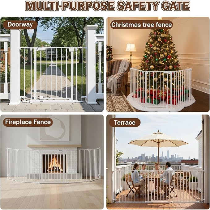 Mumeasy 126" Extra Wide Baby Gate for Doorways, Stairs & Fireplace, Indoor | Auto Close Safety Dog & Pet Gate with Walk Thru Door, Childproof Fence for Hallway Kitchen House Outdoor,5 Metal Panels,White
