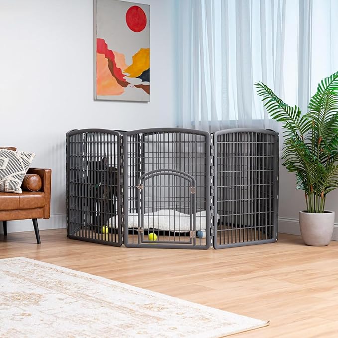 IRIS USA 8-Panel Dog Playpen, Pet Enclosure, Dark Gray | Pet Containment, Configurable Layout, Flexible Boundary, Multi-Shape Setup, Stable Non-Tip Base, Tool-Free Assembly
