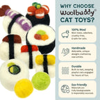Woolbuddy Wool Cat Toys (Sushi 9 PCS) for Indoor Cats & Kittens Catnip-Free | 100% Pure Wool Felt Interactive Cat Toys, Catnip-Free for Bored Cats, Teething Kittens, Redirect Cat's Destructive Energy